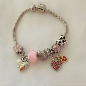Silver Charm Bracelet with Pink and Heart Accents